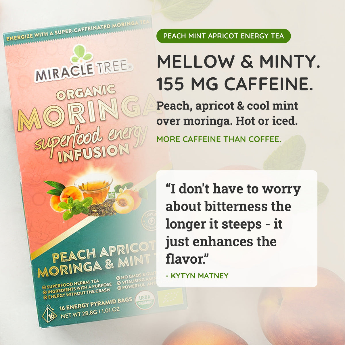 Organic Moringa Energy Tea - Peach Mint Apricot - Natural Coffee Alternative