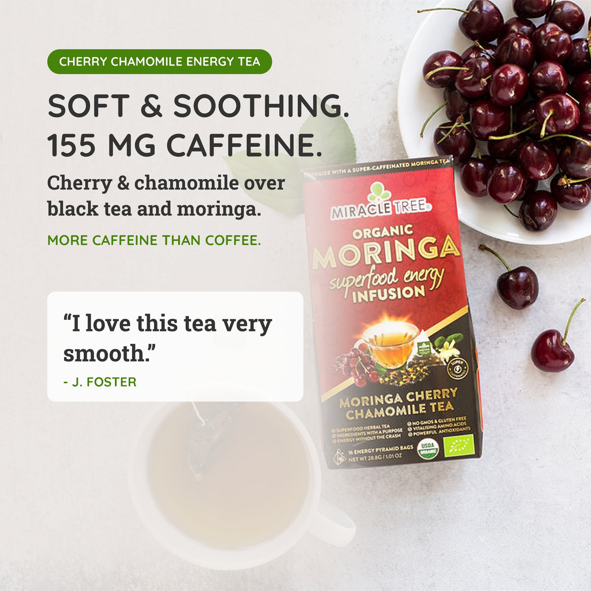 Organic Moringa Energy Tea - Cherry Chamomile - Natural Coffee Alternative