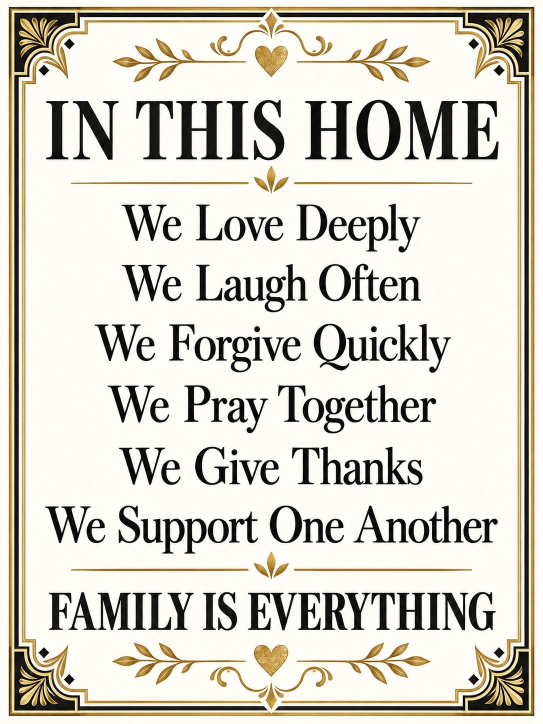 In This Home Family Values Poster, Black & Gold Wall Art, 12x16