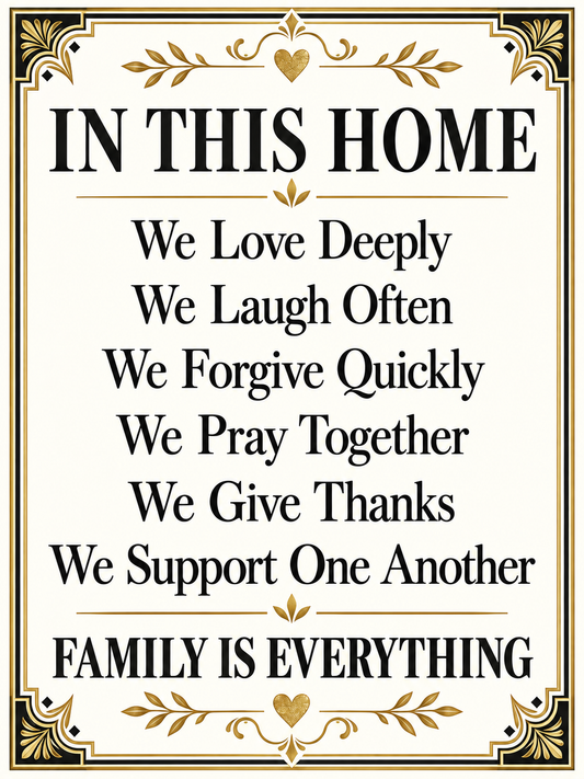 In This Home Family Values Poster, Black & Gold Wall Art, 12x16