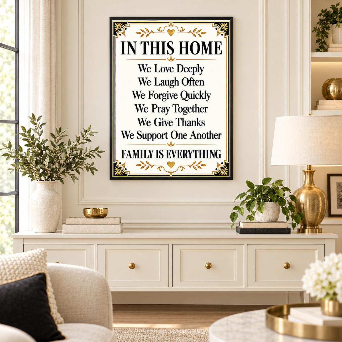 In This Home Family Values Poster, Black & Gold Wall Art, 12x16