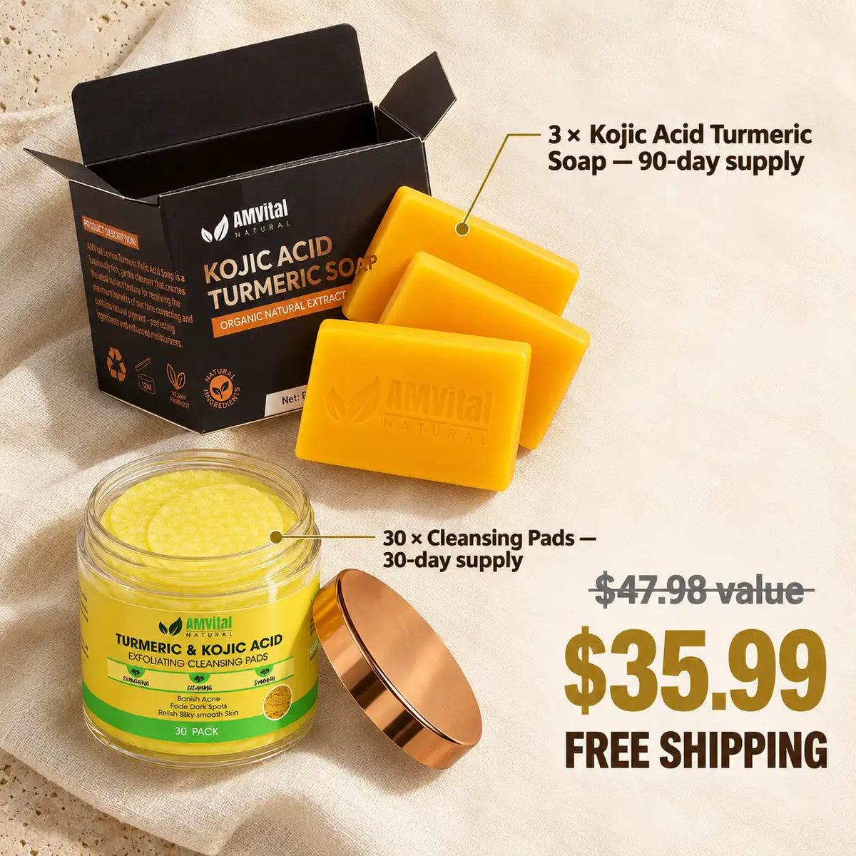 AMVital Dark Spot Duo — Turmeric Kojic Acid Soap (3-Pack) + Cleansing Pads