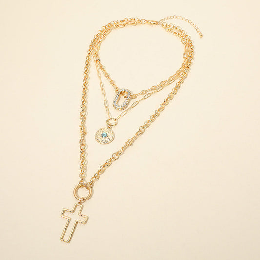 Cross Stone Center Disc Rhinestone Pave Open Oval Pendant Accent Layered Statement Necklace