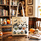 Bookish Ghosts Reading Tote Bag, Checkered Halloween Witch Cat Gift Shopper