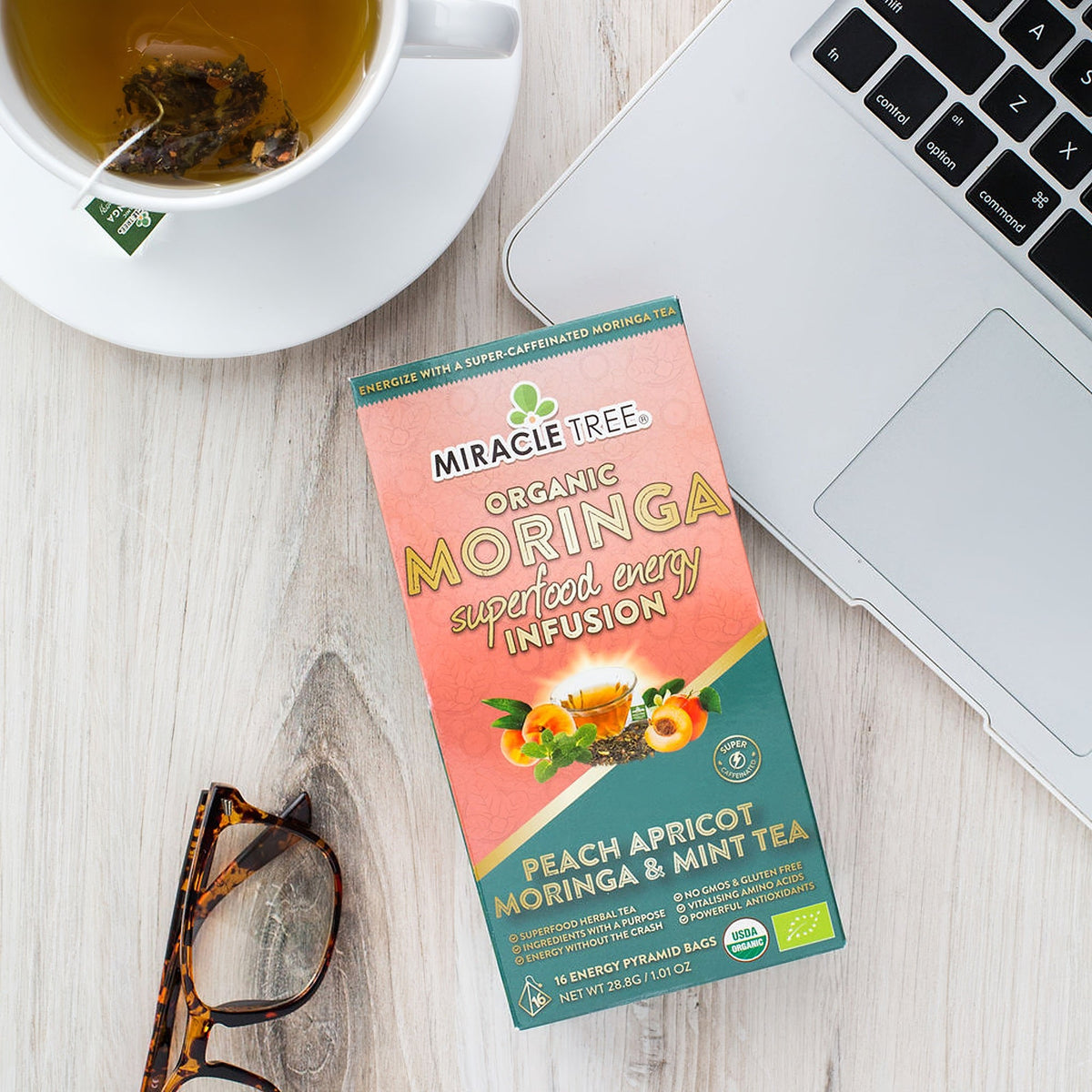 Organic Moringa Energy Tea - Peach Mint Apricot - Natural Coffee Alternative