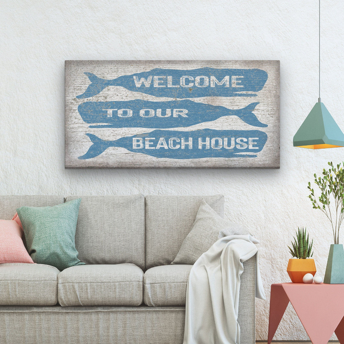 Welcome Sign with Whale - Beach House Name Sign - Coastal Wall Art