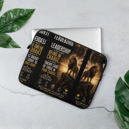Black and gold leadership laptop sleeve featuring lions and motivational quotes